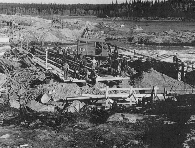 Kelsey Generating Station construction - Placement of Rail Launching Platform - September 1957